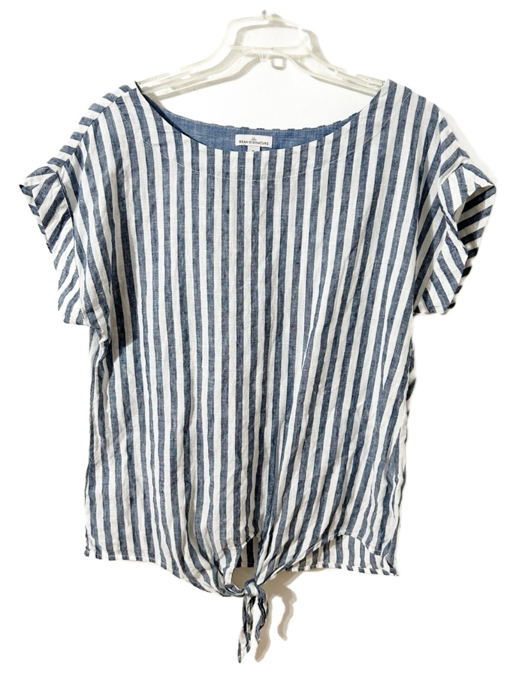 L.L. Bean Signature Linen Front Tie Striped Blouse Blue White Short Sleeve Small